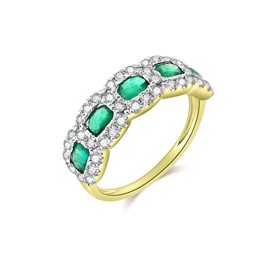Prsteň zo žltého zlata s kameňmi Diamant, Smaragd