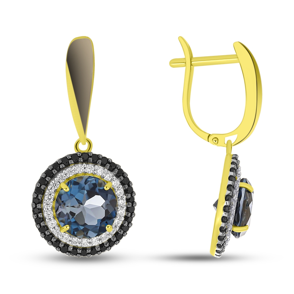Náušnice zo žltého zlata s kameňmi TOPÁS- LONDON BLUE, SYN ZIRKÓN 5A- BIELY a ČIERNY SPINEL