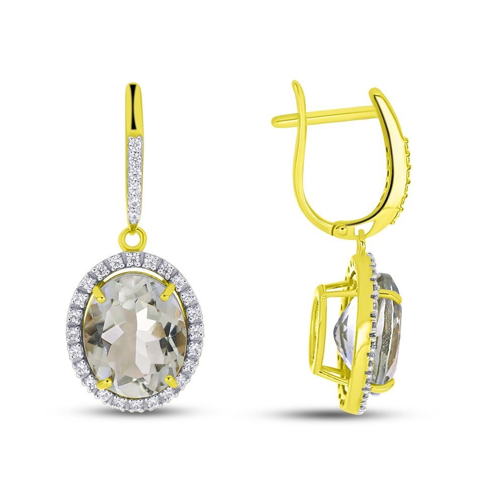 Náušnice zo žltého zlata s kameňmi ZELENÝ AMETYST, SYN ZIRKÓN 5A- BIELY