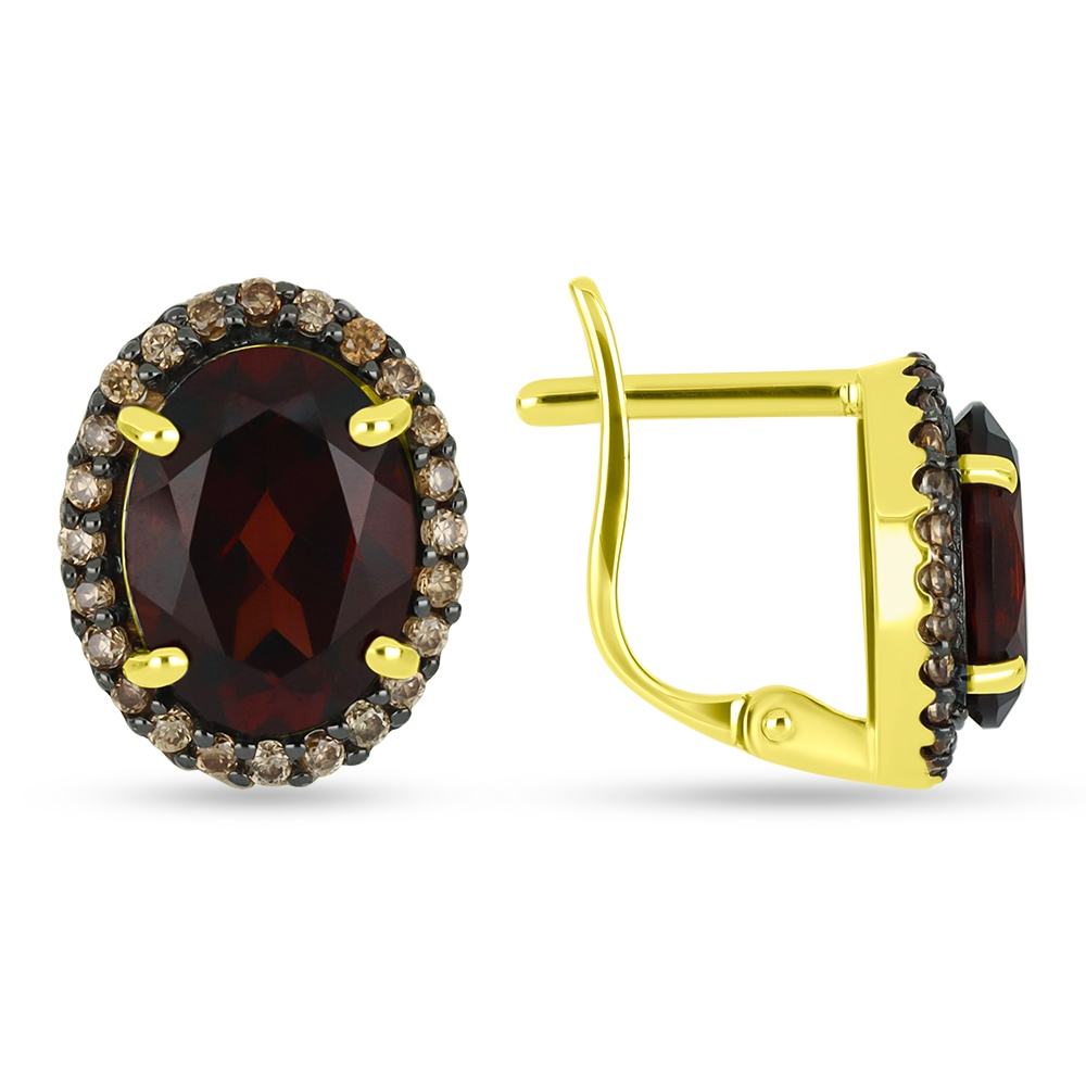 Náušnice zo žltého zlata s kameňmi GRANÁT, CHAMPAGNE ZIRKÓN