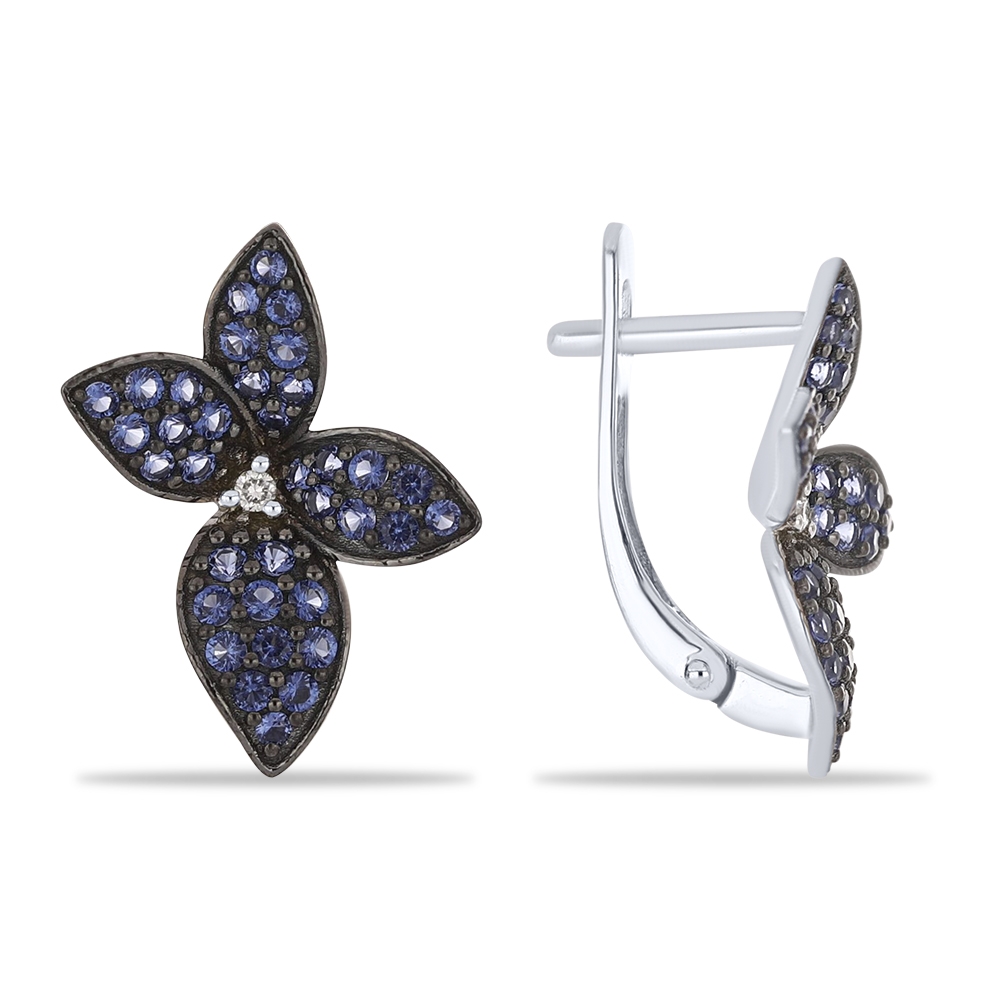 Náušnice z bieleho zlata s kameňmi KORUNDOVÝ ZAFÍR, DIAMANT