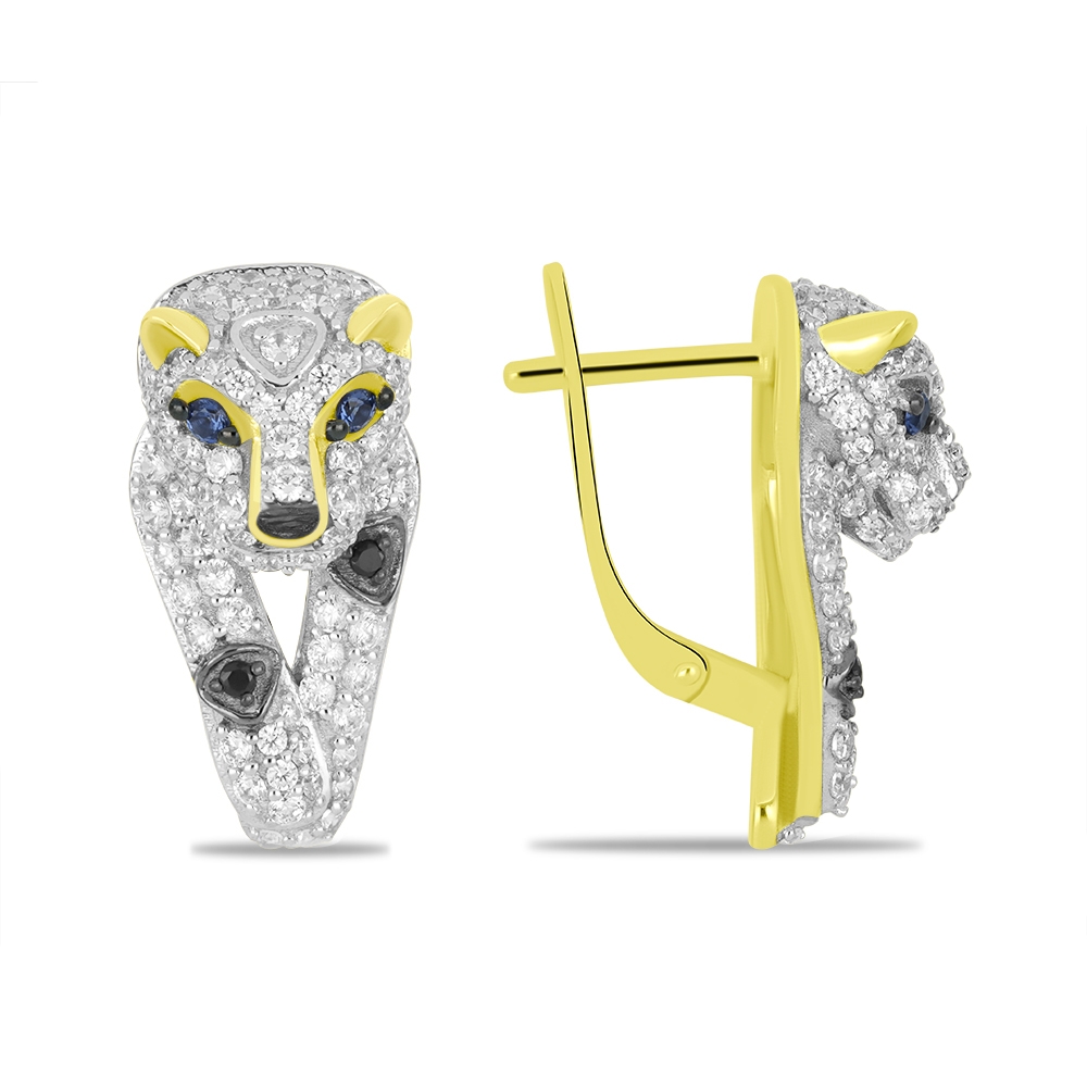 Náušnice zo žltého zlata s kameňmi KORUNDOVÝ ZAFÍR, SYN ZIRKÓN 5A- BIELY a ČIERNY SPINEL