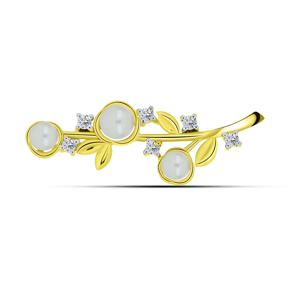 Brošňa zo žltého zlata s kameňmi RIEČNA BIELA PERLA, SYN ZIRKÓN 5A- BIELY