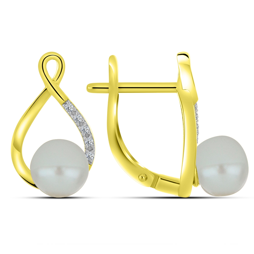 Náušnice zo žltého zlata s kameňmi RIEČNA BIELA PERLA, SYN ZIRKÓN 5A- BIELY