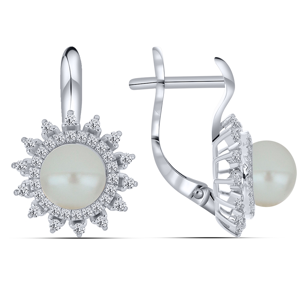 Náušnice z bieleho zlata s kameňmi RIEČNA BIELA PERLA, SYN ZIRKÓN 5A- BIELY