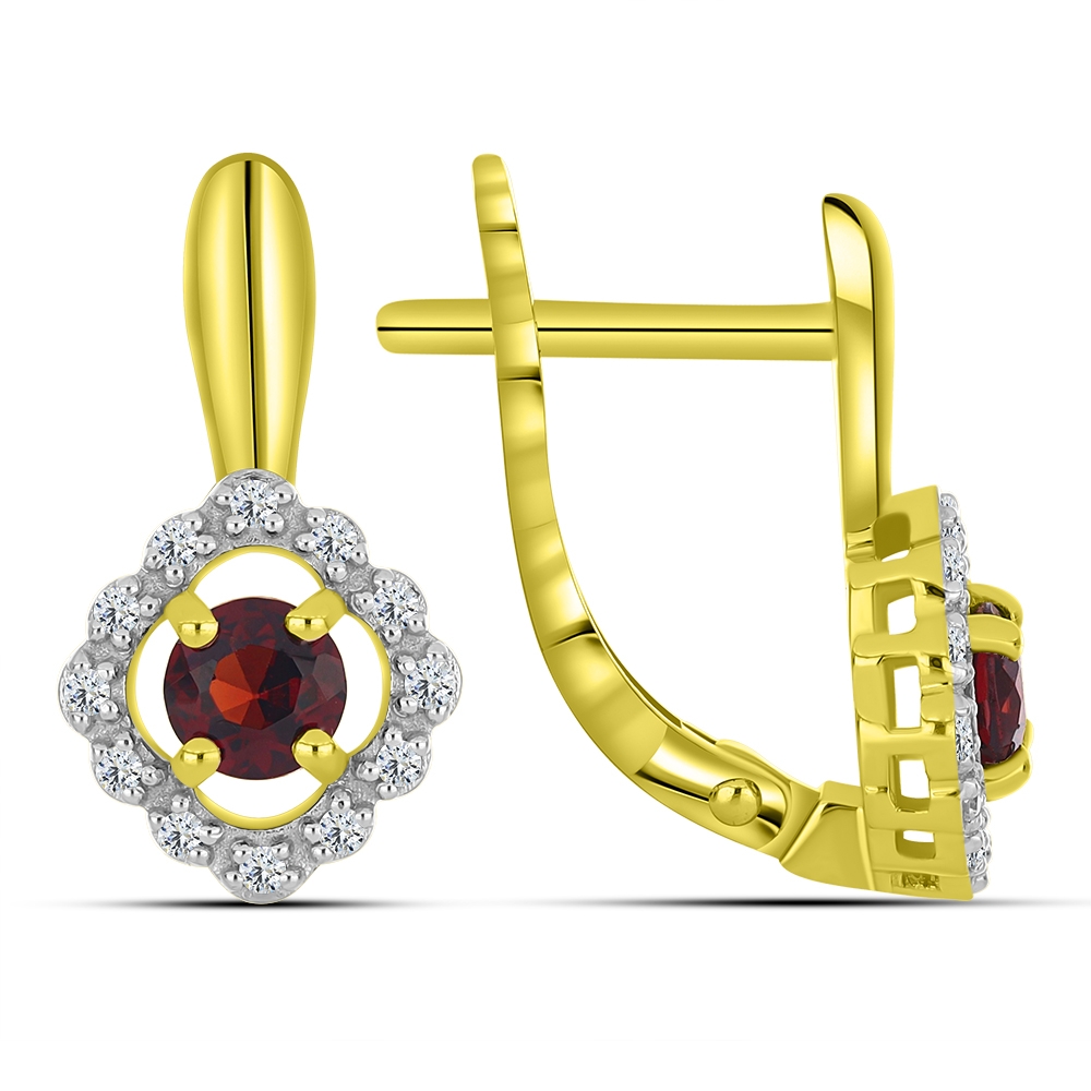 Náušnice zo žltého zlata s kameňmi GRANÁT, SYN ZIRKÓN 5A- BIELY