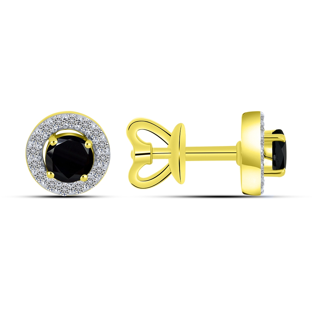 Náušnice zo žltého zlata s kameňmi ČIERNY SPINEL, SYN ZIRKÓN 5A- BIELY