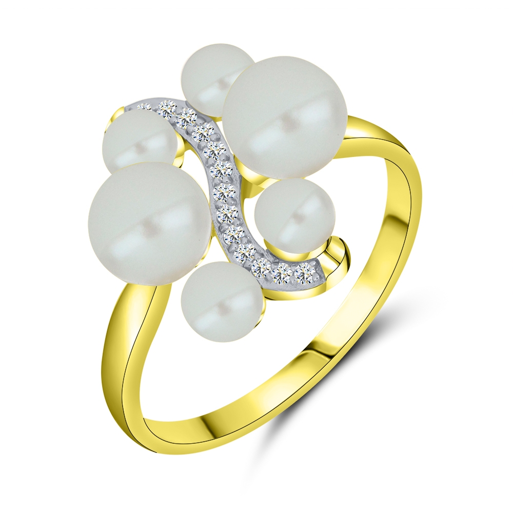 Prsteň z bieleho a zo žltého zlata s kameňmi RIEČNA BIELA PERLA, SYN ZIRKÓN 5A- BIELY