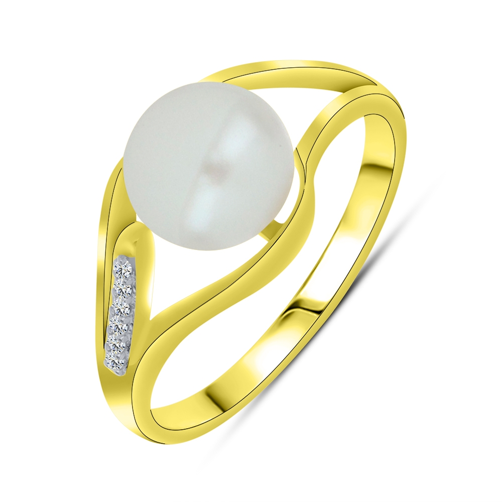 Prsteň z bieleho a zo žltého zlata s kameňmi RIEČNA BIELA PERLA, SYN ZIRKÓN 5A- BIELY
