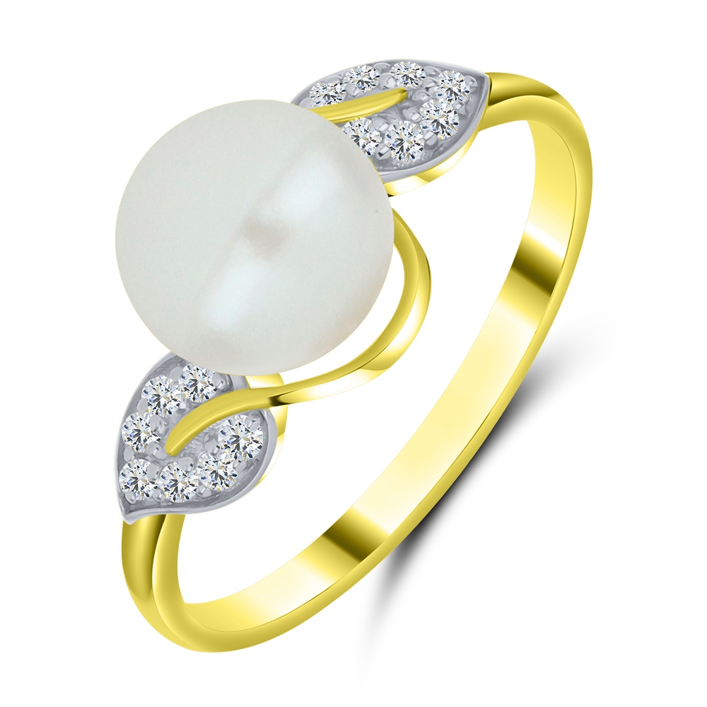 Prsteň z bieleho a zo žltého zlata s kameňmi RIEČNA BIELA PERLA, SYN ZIRKÓN 5A- BIELY