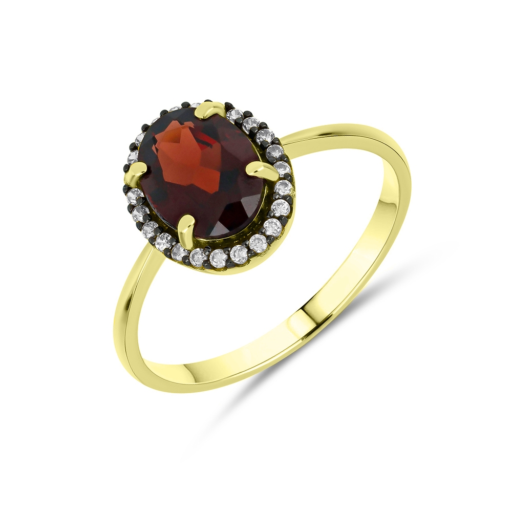 Prsteň z zlata žltá s kameňmi Granát, Bezfarebný kubický zirkón