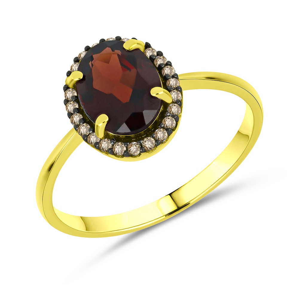 Prsteň zo žltého zlata s kameňmi GRANÁT, CHAMPAGNE ZIRKÓN