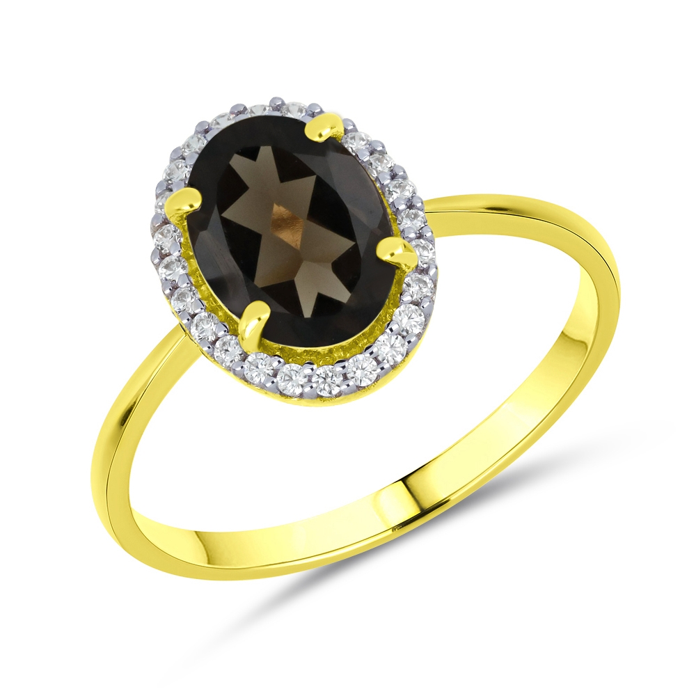 Prsteň zo žltého zlata s kameňmi GRANÁT, SYN ZIRKÓN 5A- BIELY