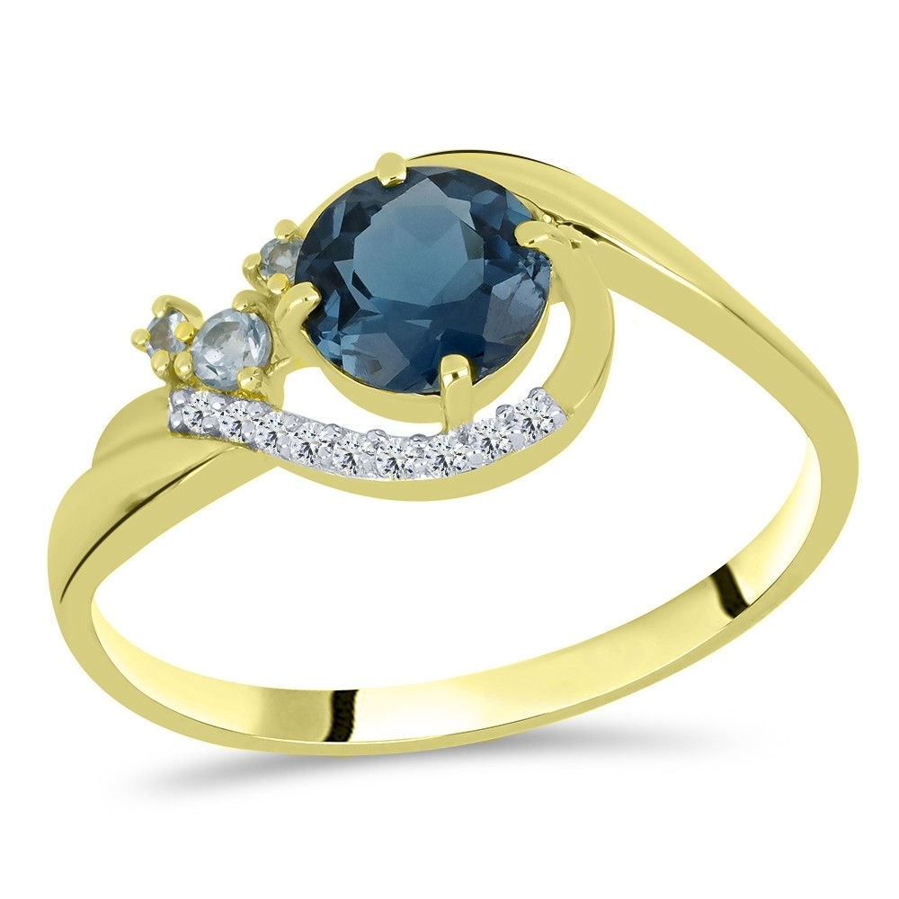 Prsteň zo žltého zlata s kameňmi TOPÁS- LONDON BLUE, Topás SWISS BLUE a SYN ZIRKÓN 5A- BIELY