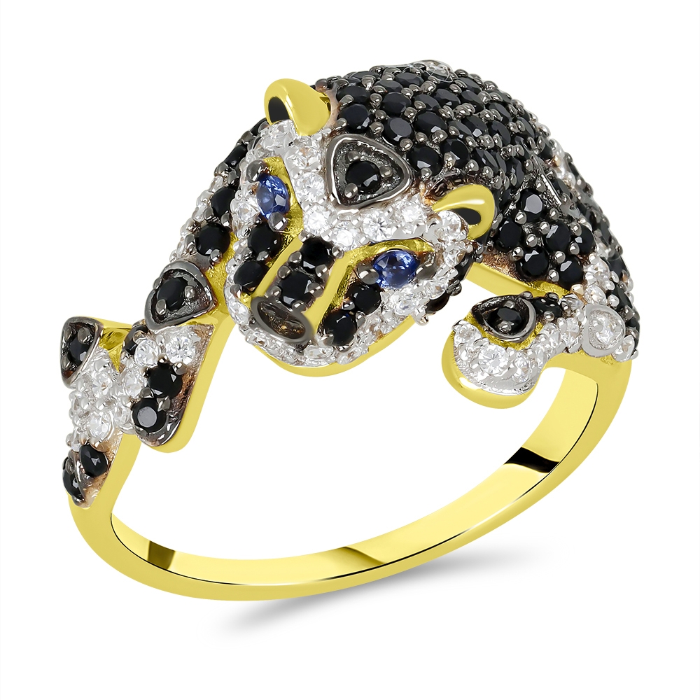 Prsteň zo žltého zlata s kameňmi KORUNDOVÝ ZAFÍR, ČIERNY SPINEL a SYN ZIRKÓN 5A- BIELY