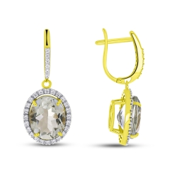 Náušnice zo žltého zlata s kameňmi ZELENÝ AMETYST, SYN ZIRKÓN 5A- BIELY