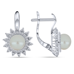 Náušnice z bieleho zlata s kameňmi RIEČNA BIELA PERLA, SYN ZIRKÓN 5A- BIELY