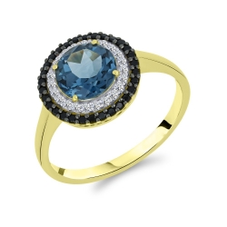 Prsteň zo žltého zlata s kameňmi London blue topás, Bezfarebný kubický zirkón a Spinel