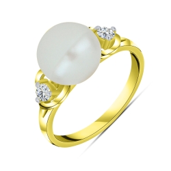 Prsteň z bieleho a zo žltého zlata s kameňmi RIEČNA BIELA PERLA, SYN ZIRKÓN 5A- BIELY