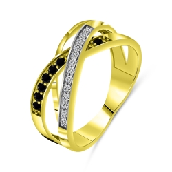 Prsteň z bieleho a zo žltého zlata s kameňmi ČIERNY SPINEL, SYN ZIRKÓN 5A- BIELY