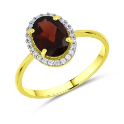 Prsteň zo žltého zlata s kameňmi Granát, Swarovski